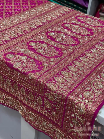 Rani Pink Pure Georgette Bandhej x Hand Embroidery