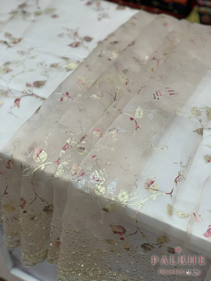 Cream Leaf Motifs Organza x Hand Embroidery (CM82)