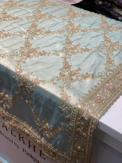 Aqua Blue Jaal Silk Tissue x Hand Embroidery