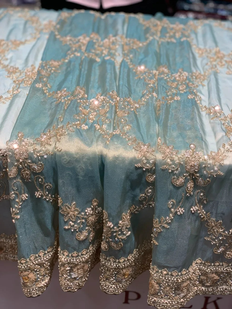 Aqua Blue Jaal Silk Tissue x Hand Embroidery