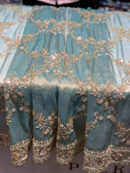 Aqua Blue Jaal Silk Tissue x Hand Embroidery