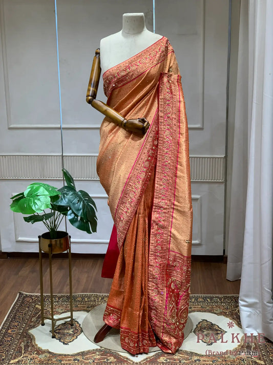 Peach Ornate Paisley Motifs Kanjivaram x Hand Embroidery (CP35)