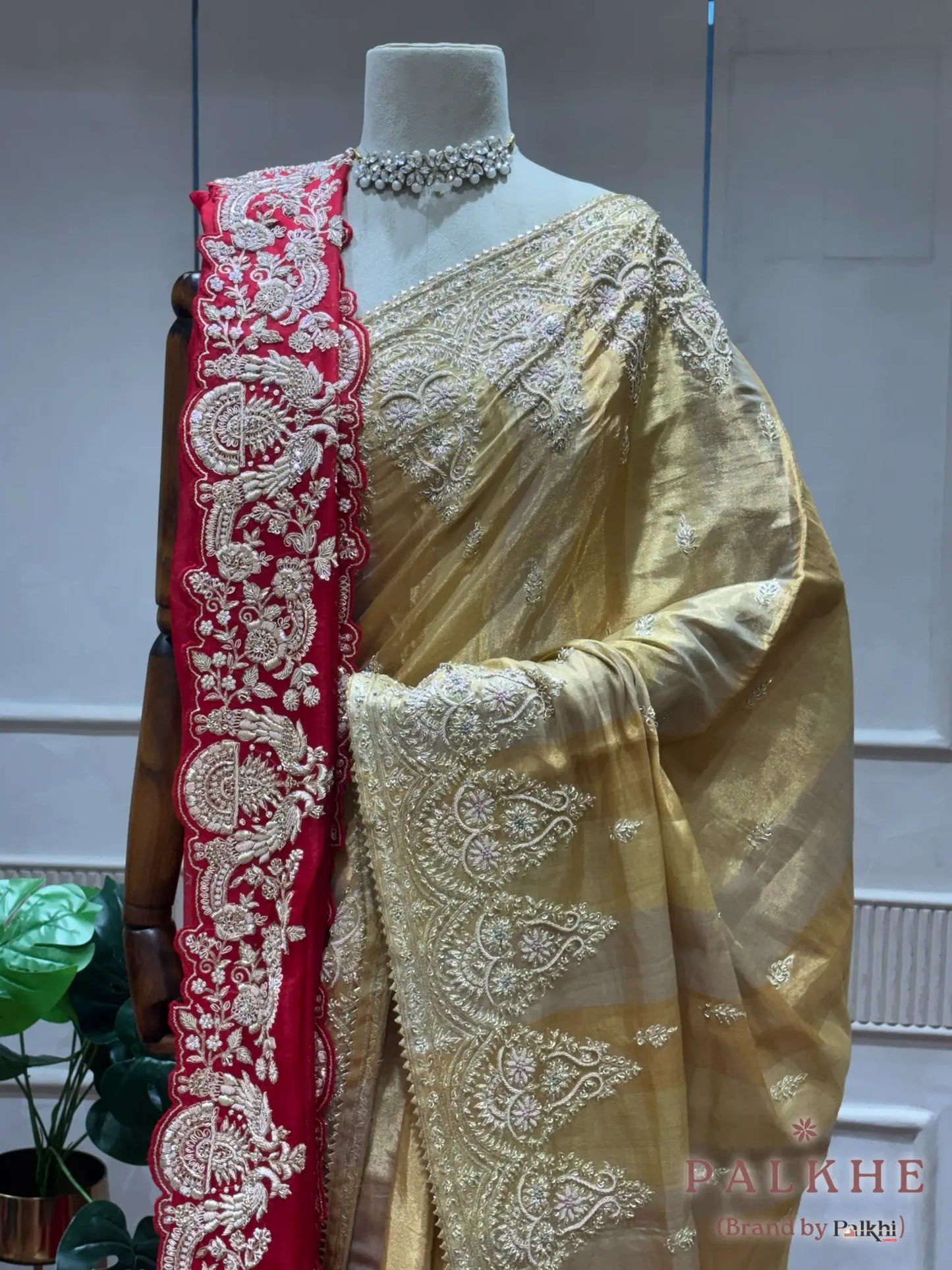 Golden & Red Pure Kanjivaram x Hand Embroidery