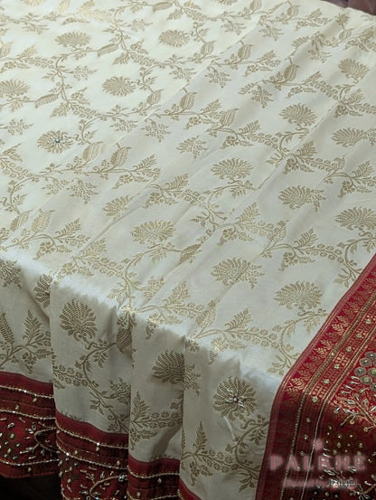 Cream Floral Jaal Semi Silk Banarasi x Hand Embroidery