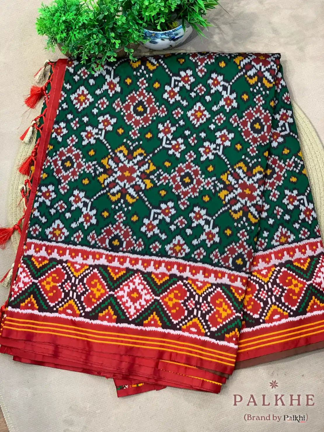 Bottle Green Patola Navratana in Semi Silk (AO74)