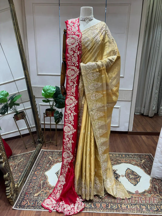 Golden & Red Pure Kanjivaram x Hand Embroidery