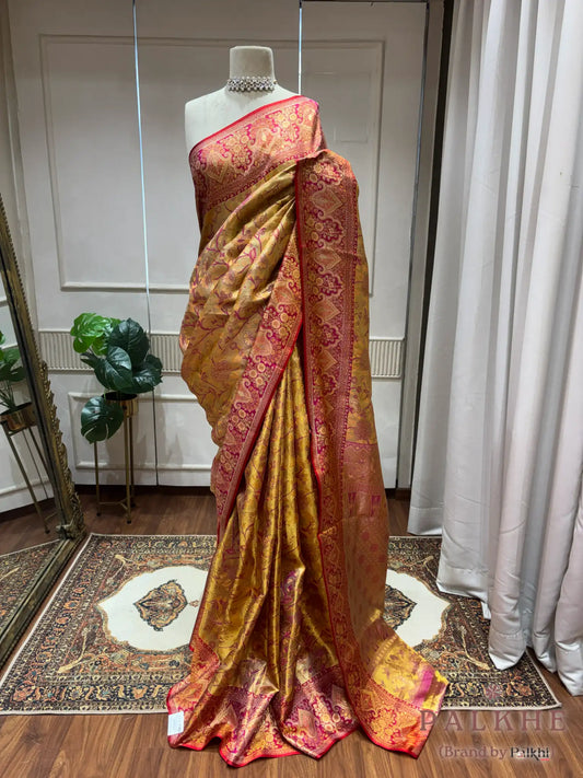 Mustard and Pink Kanjivaram Floral Jaal in Silk