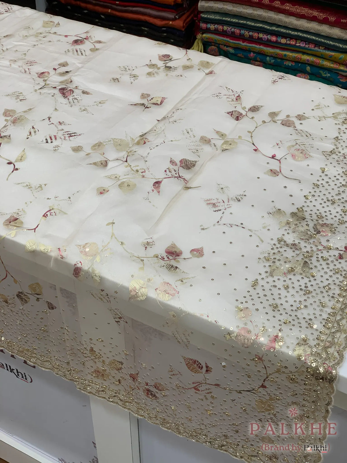Cream Leaf Motifs Organza x Hand Embroidery (CM82)