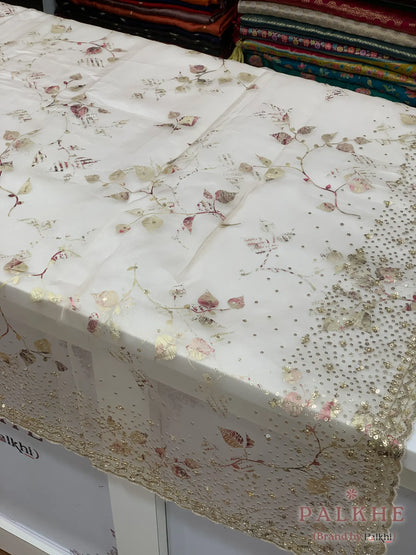 Cream Leaf Motifs Organza x Hand Embroidery (CM82)