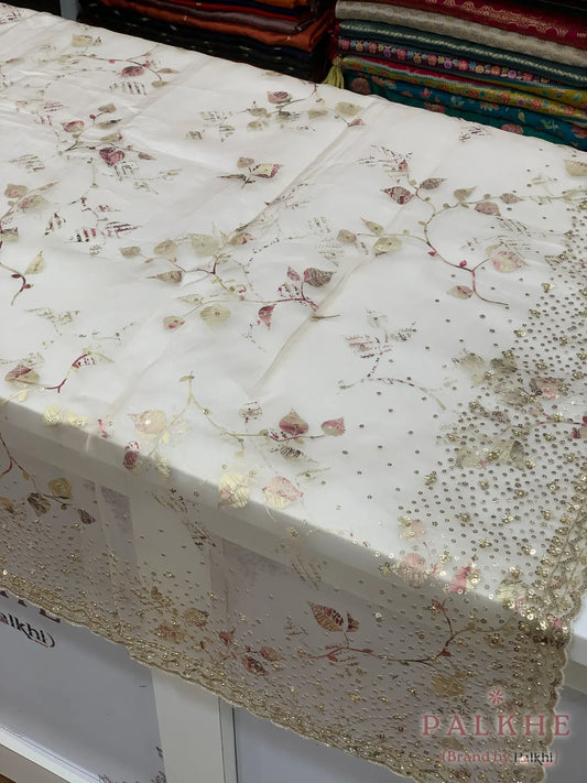 Cream Leaf Motifs Organza x Hand Embroidery (CM82)