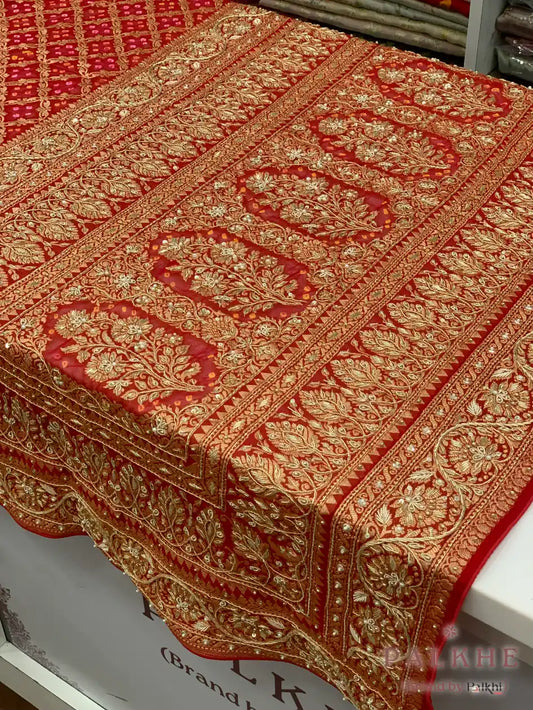 Red Pure Georgette Bandhej x Hand Embroidery (CR80)