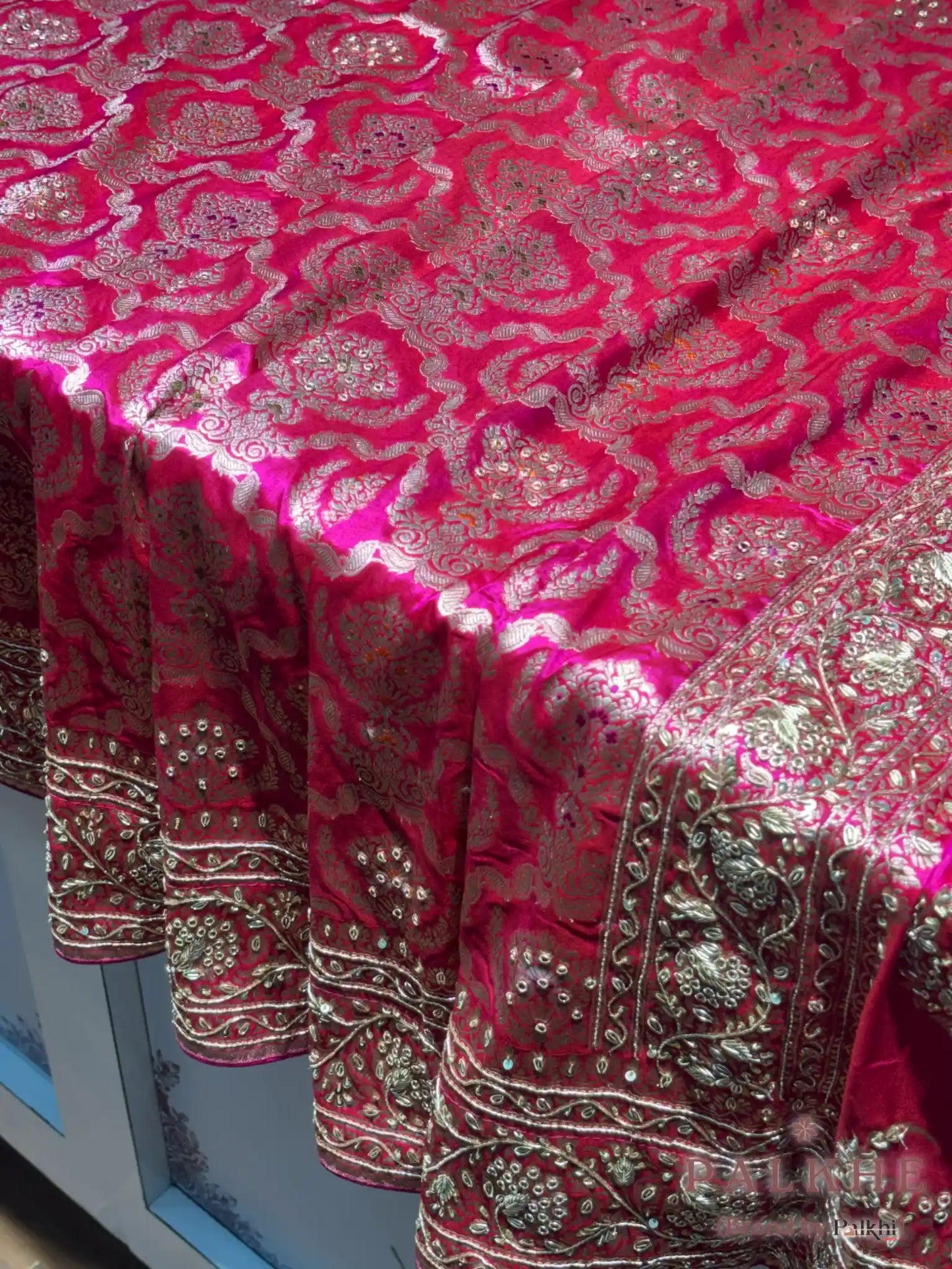 Rani Pink Jaal Banarasi x Hand Embroidery