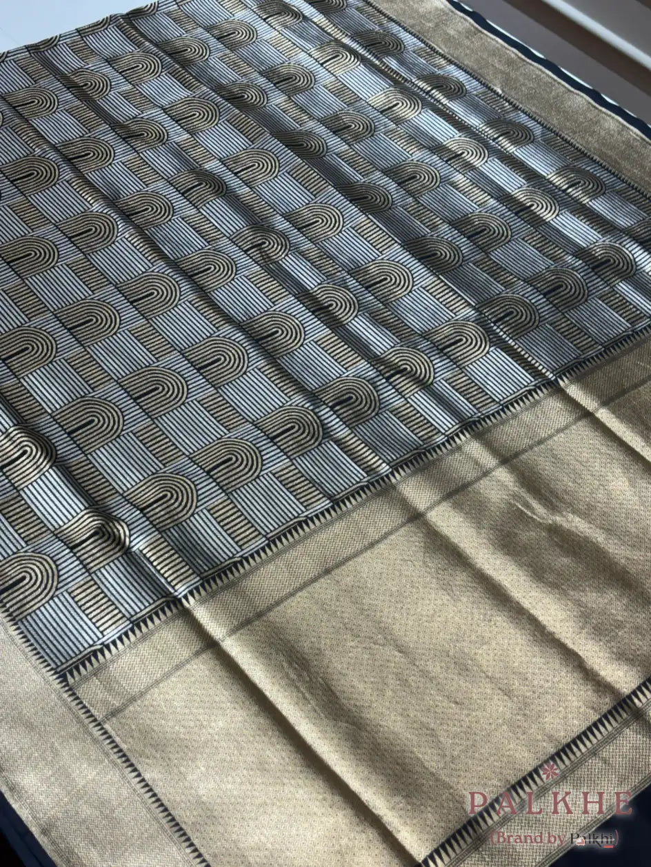 Black and Silver Banarasi Geometric in Satin Silk