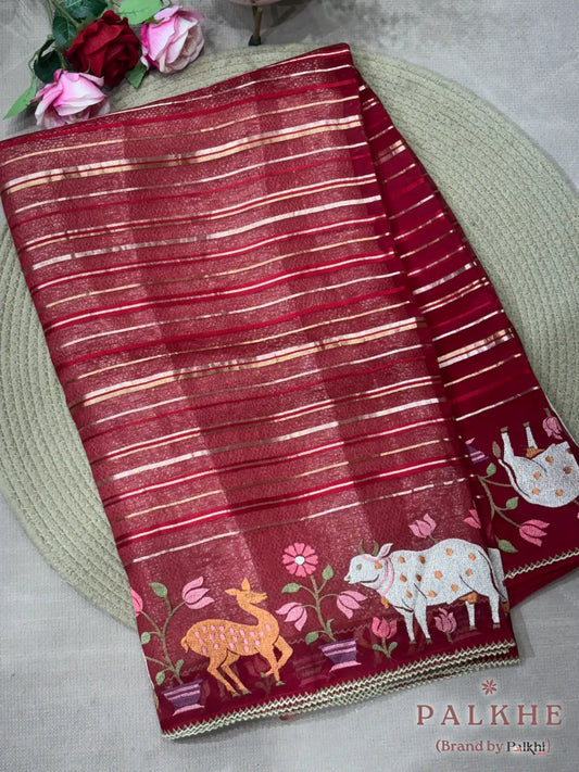 Red Fancy Stripped & Aminal Motifs in Pure Tissue Silk (CM39)