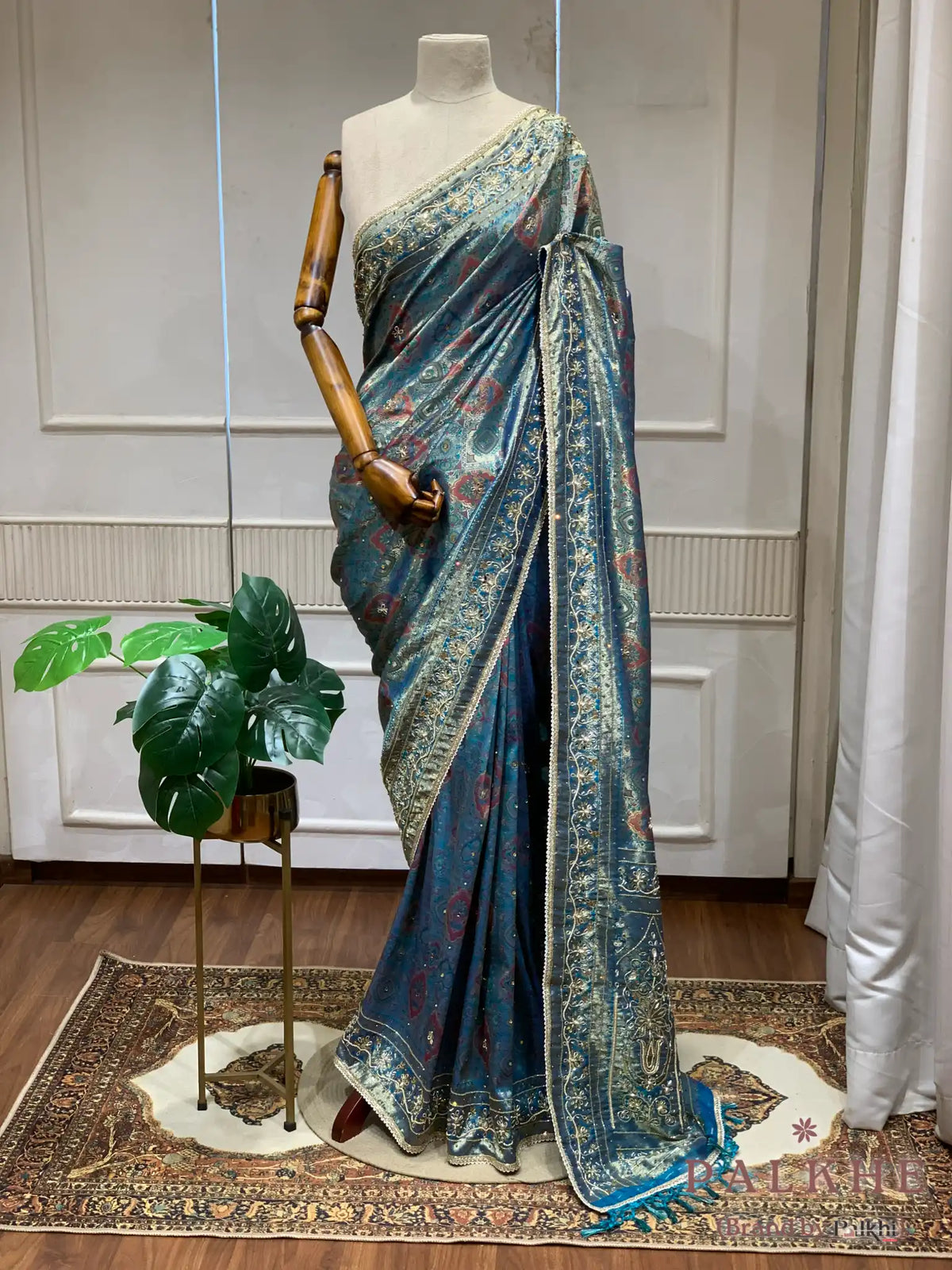 Teal Blue Geometric Kanjivaram x Hand Embroidery (CK56)