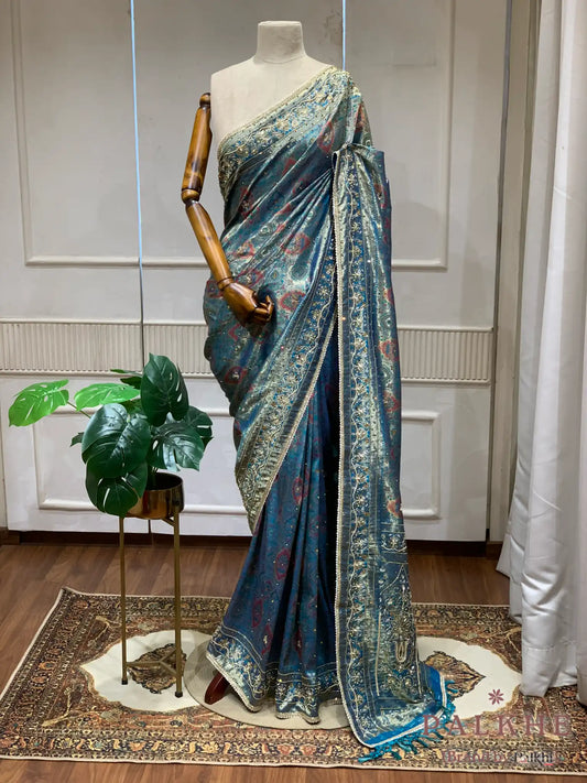 Teal Blue Geometric Kanjivaram x Hand Embroidery (CK56)