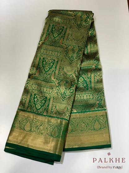 Green Peacock Motifs in Pure Kanjivaram Silk