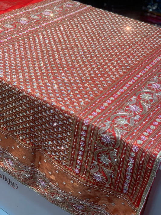 Rust Orange Sparrow Motif Pure Kanjivaram x Hand Embroidery