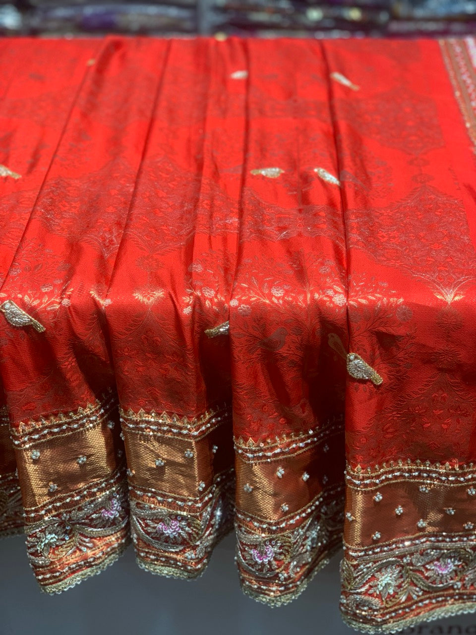 Rust Orange Sparrow Motif Pure Kanjivaram x Hand Embroidery