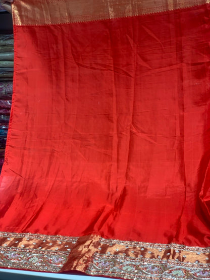 Rust Orange Sparrow Motif Pure Kanjivaram x Hand Embroidery