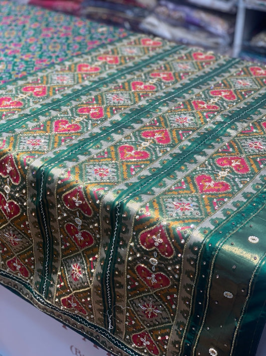 Green Semi Silk Navratna Patola Semi Silk x Embroidery