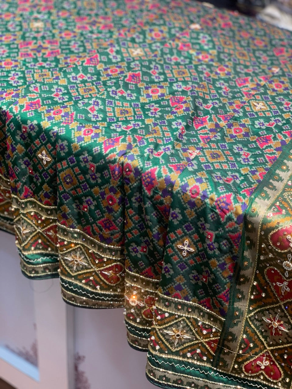 Green Semi Silk Navratna Patola Semi Silk x Embroidery
