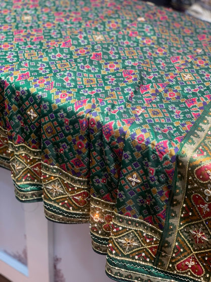 Green Semi Silk Navratna Patola Semi Silk x Embroidery