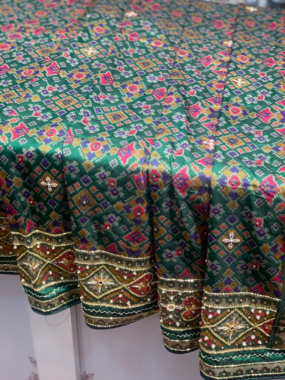 Green Semi Silk Navratna Patola Semi Silk x Embroidery