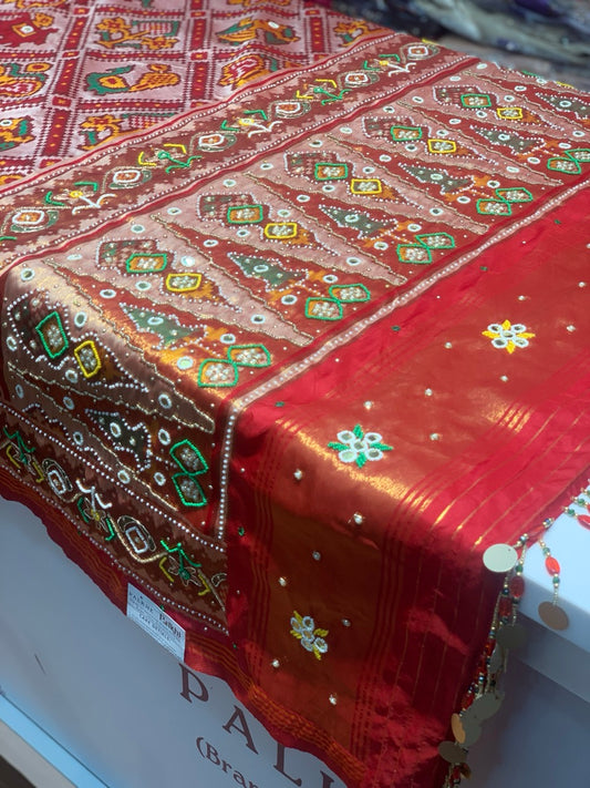 Red Semi Silk Big Motif Patola x Hand Embroidery