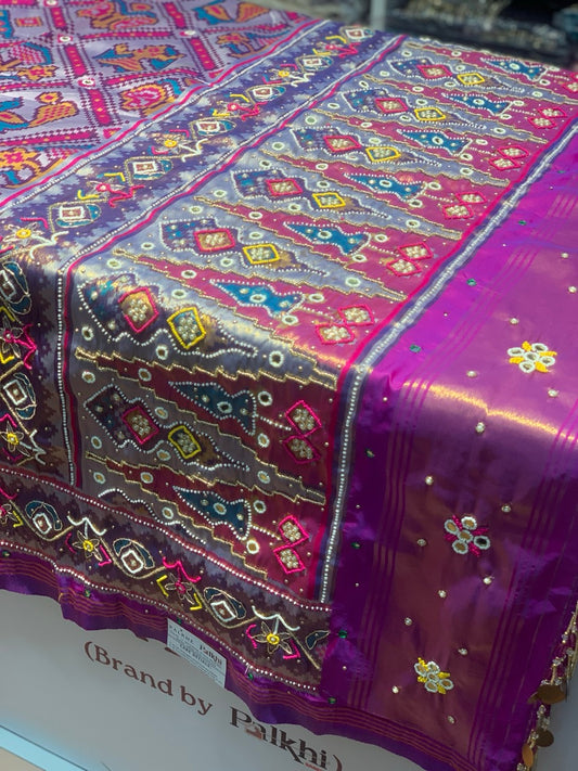 Purple Semi Silk Big Motif Patola x Hand Embroidery