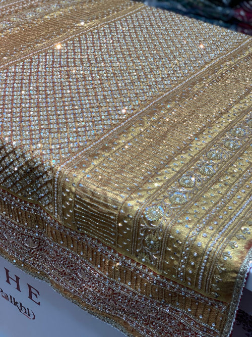 Gold with Maroon Floral Jaal Tissue Brocade Silk Kanjivaram x Hand Embroidery