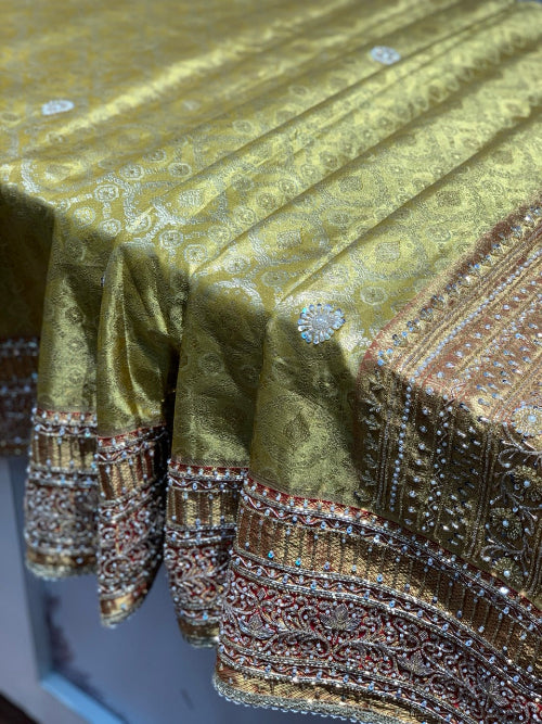 Gold with Maroon Floral Jaal Tissue Brocade Silk Kanjivaram x Hand Embroidery