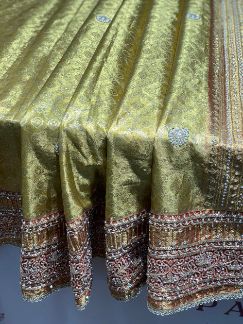 Gold with Maroon Floral Jaal Tissue Brocade Silk Kanjivaram x Hand Embroidery
