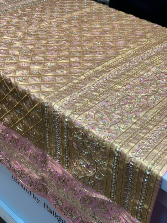 Pink Floral Motif Pure Silk Kanjivaram x Hand Embroidery