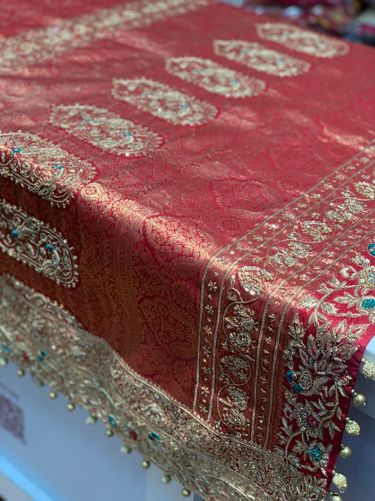 Maroon Peacock Motif Pure Silk Kanjivaram x Hand Embroidery