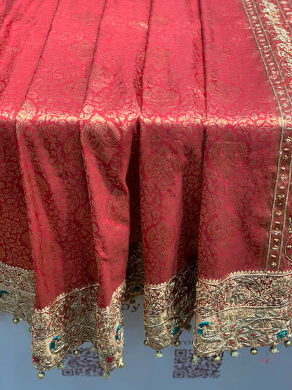 Maroon Peacock Motif Pure Silk Kanjivaram x Hand Embroidery