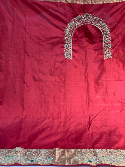 Maroon Peacock Motif Pure Silk Kanjivaram x Hand Embroidery