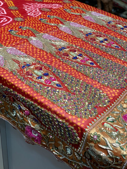 Red Pure Georgette Rai Bandhej x Hand Embroidery