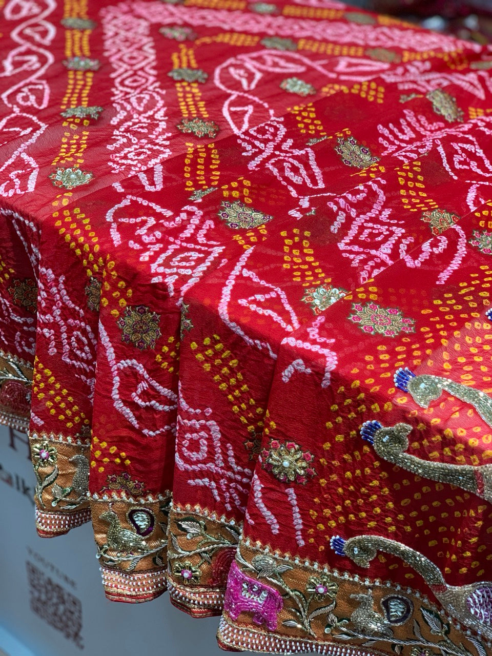 Red Pure Georgette Rai Bandhej x Hand Embroidery