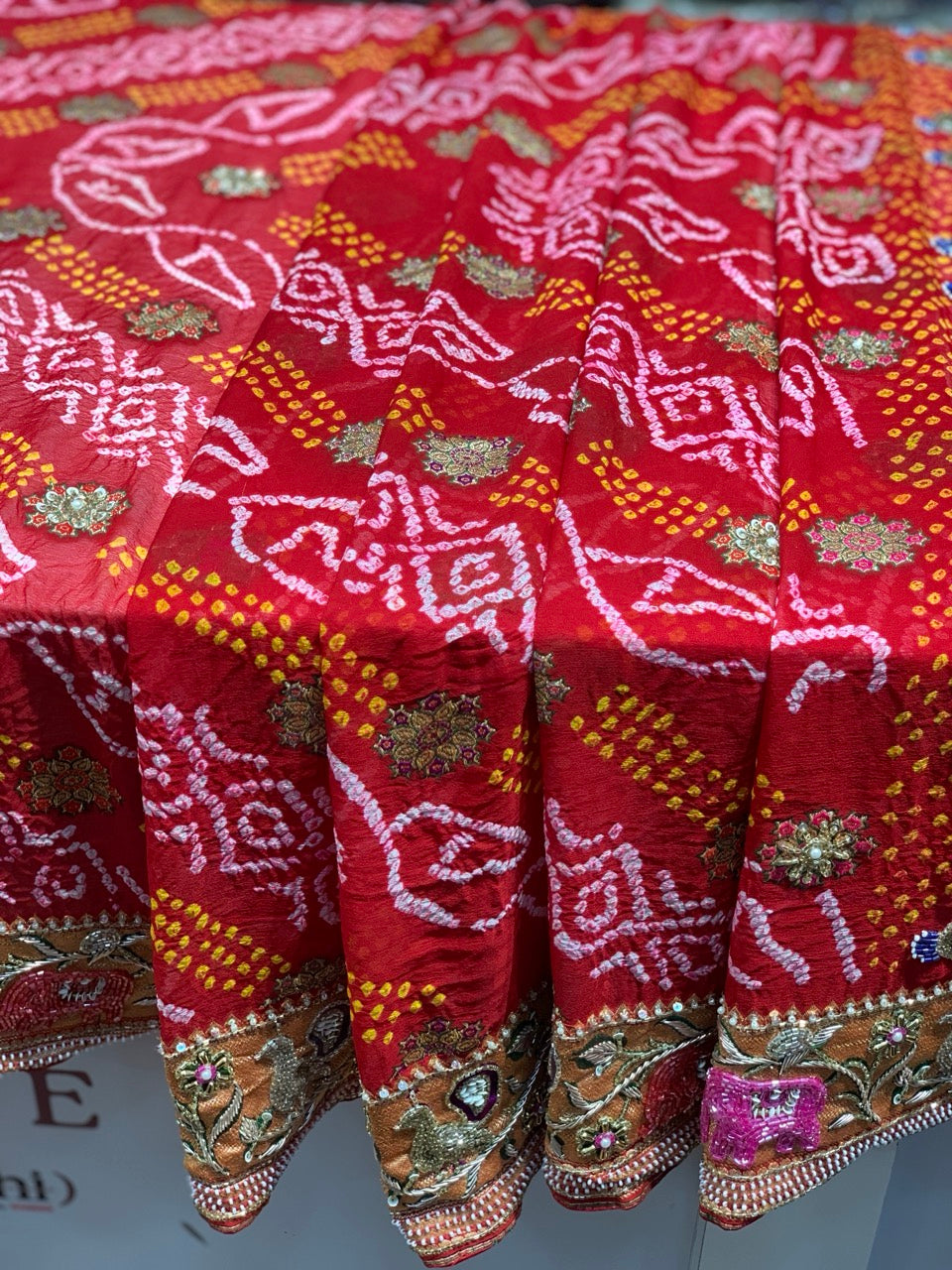 Red Pure Georgette Rai Bandhej x Hand Embroidery