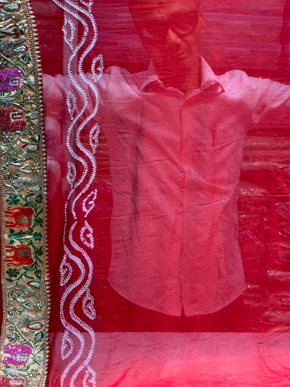 Red Pure Georgette Rai Bandhej x Hand Embroidery