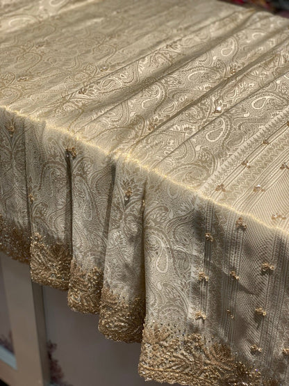 Beige Floral Jaal Tissue Brocade Silk x Hand Embroidery