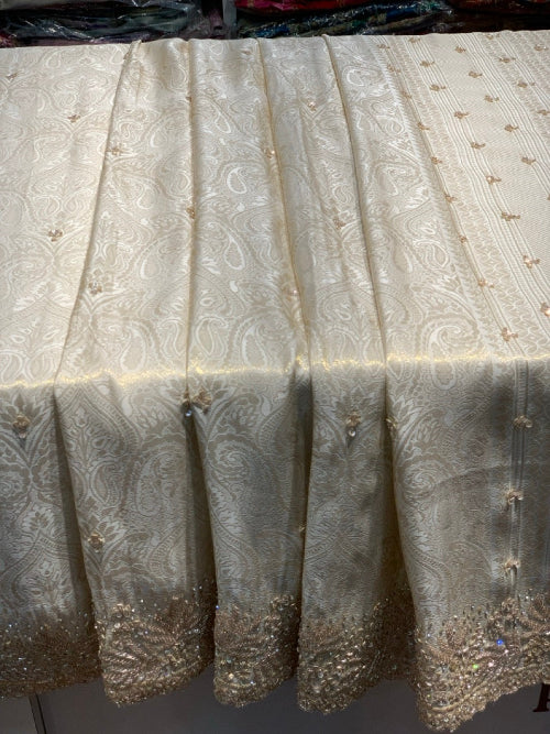 Beige Floral Jaal Tissue Brocade Silk x Hand Emboridery
