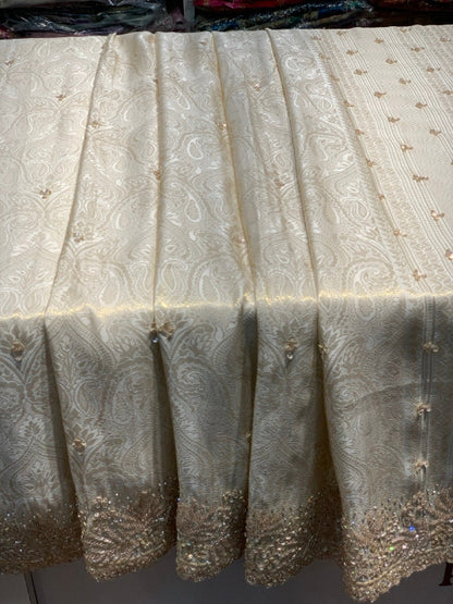 Beige Floral Jaal Tissue Brocade Silk x Hand Embroidery