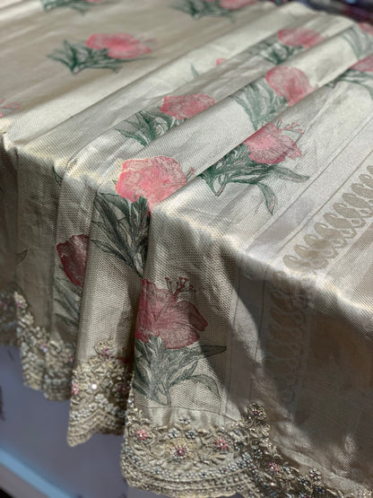 Beige Floral Jaal Pure Kanjivaram Silk Kanjivaram x Embriodery