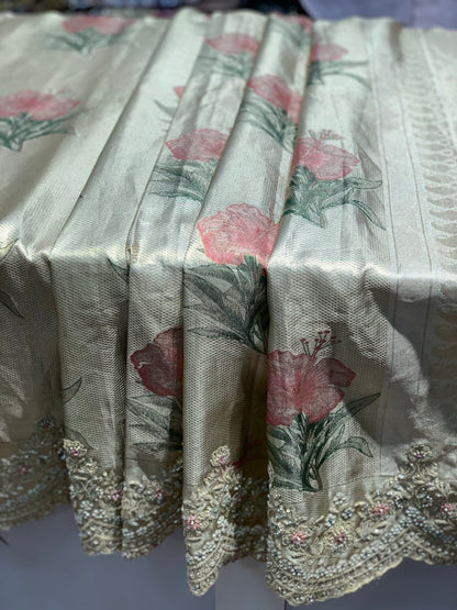 Beige Floral Jaal Pure Kanjivaram Silk Kanjivaram x Embriodery