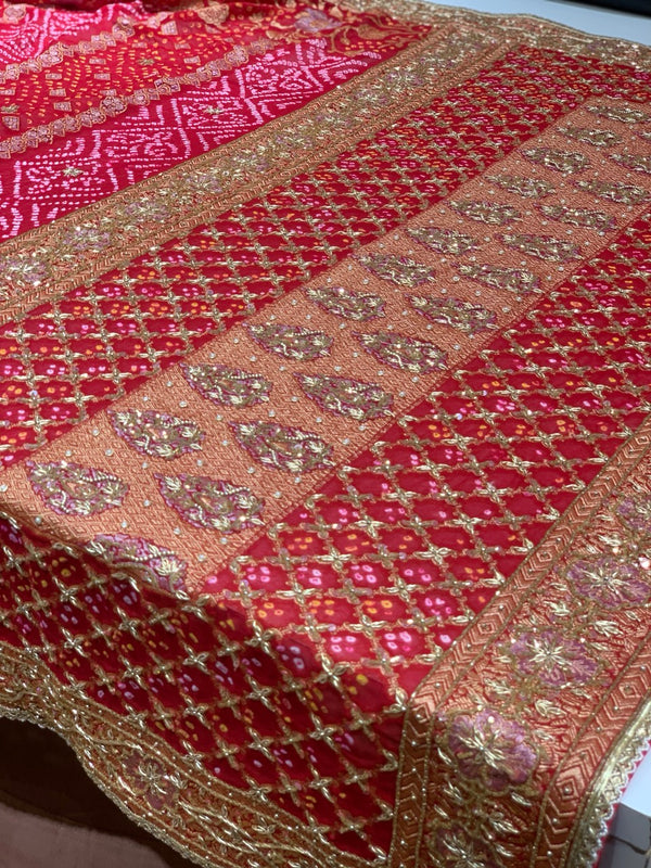 Red Pure Georgette Rai Bandhej x Hand Embroidery