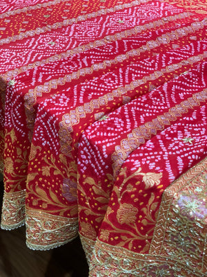 Red Pure Georgette Rai Bandhej x Hand Embroidery