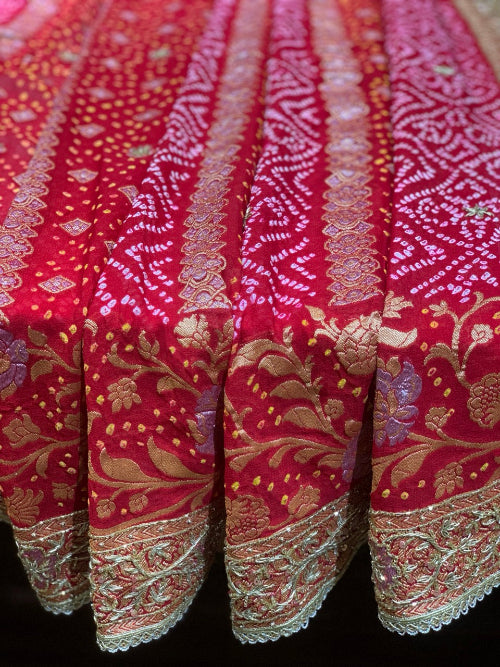 Red Floral Jaal Georgette Bandhej x Hand Embroidery