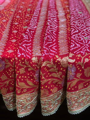 Red Pure Georgette Rai Bandhej x Hand Embroidery